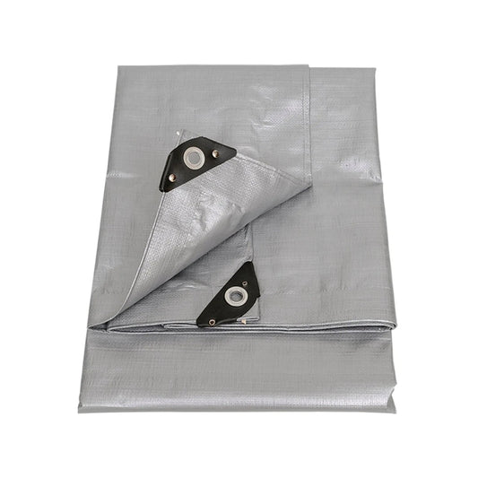 Lona impermeable gris de uso rudo plegada, con ojales reforzados para protección exterior.