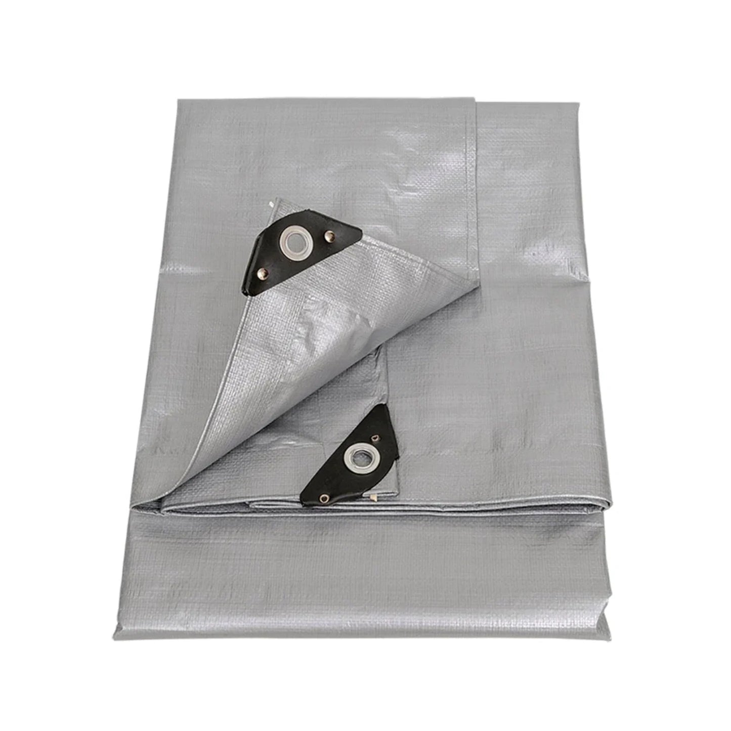 Lona gris plegada de uso rudo, resistente al agua, con ojillos reforzados para protección en exterior