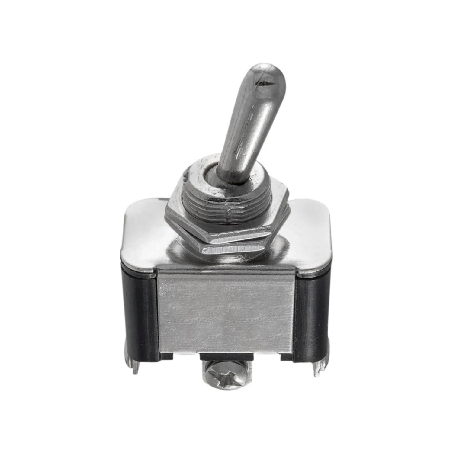 Interruptor de palanca metálico con tres terminales, acabado cromado para aplicaciones eléctricas.