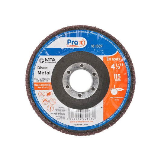 Disco de corte Prax Tools para metal 4 1/2 pulgadas (115mm), uso en miniesmeriladora, modelo 18-1369.