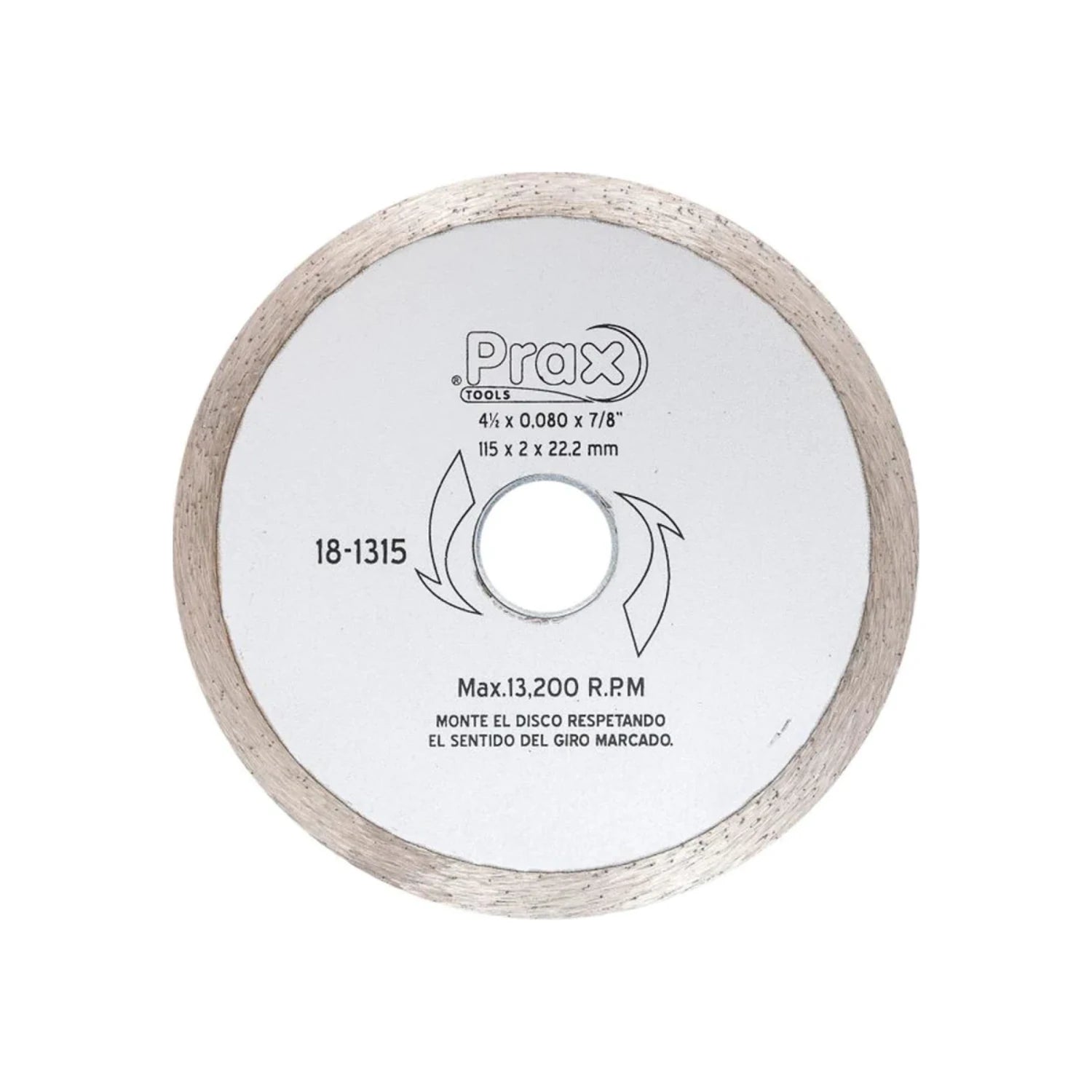 Disco diamantado Prax Tools 4 1/2" (115mm) corona continua para corte de cerámica, porcelanato y azulejos.