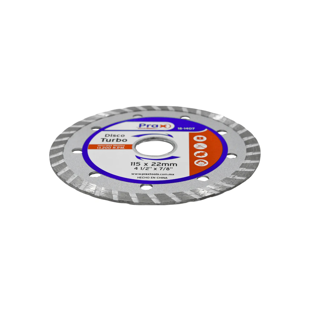 Disco de diamante turbo Prax de 4-1/2 pulgadas 115x22mm para corte rápido de concreto y piedra.