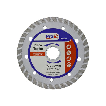 Disco diamantado turbo Prax 115x22mm 4 1/2 pulgadas para esmeriladora corte materiales construcción 13200 RPM