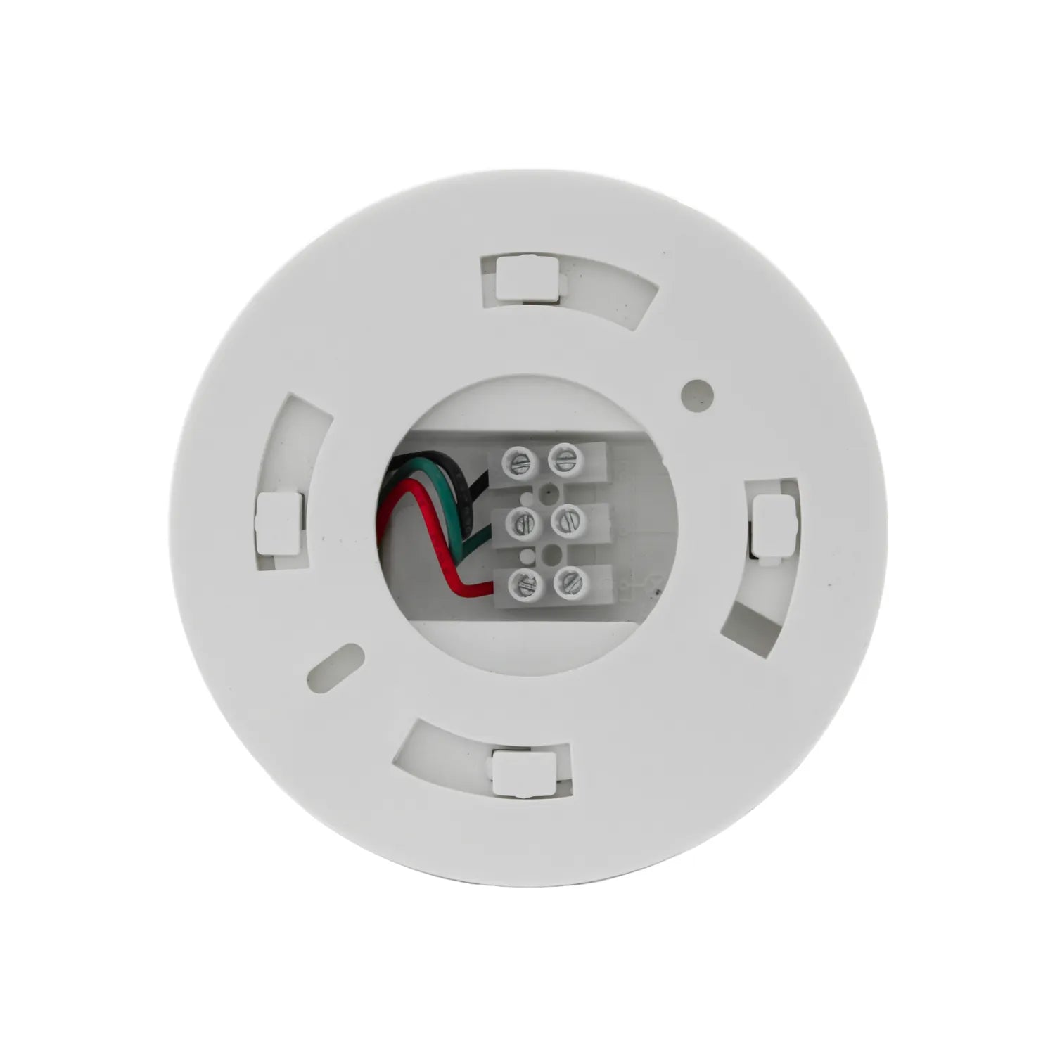 Base de montaje blanca para detector de humo con terminales de conexión y cables rojo verde y negro para instalación.