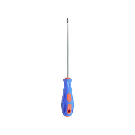 Desarmador de cruz 3/16"x6" Prax Tools con mango ergonómico azul y naranja, punta Phillips