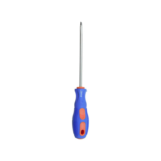 Desarmador plano Prax con mango ergonómico azul y naranja, punta de acero.