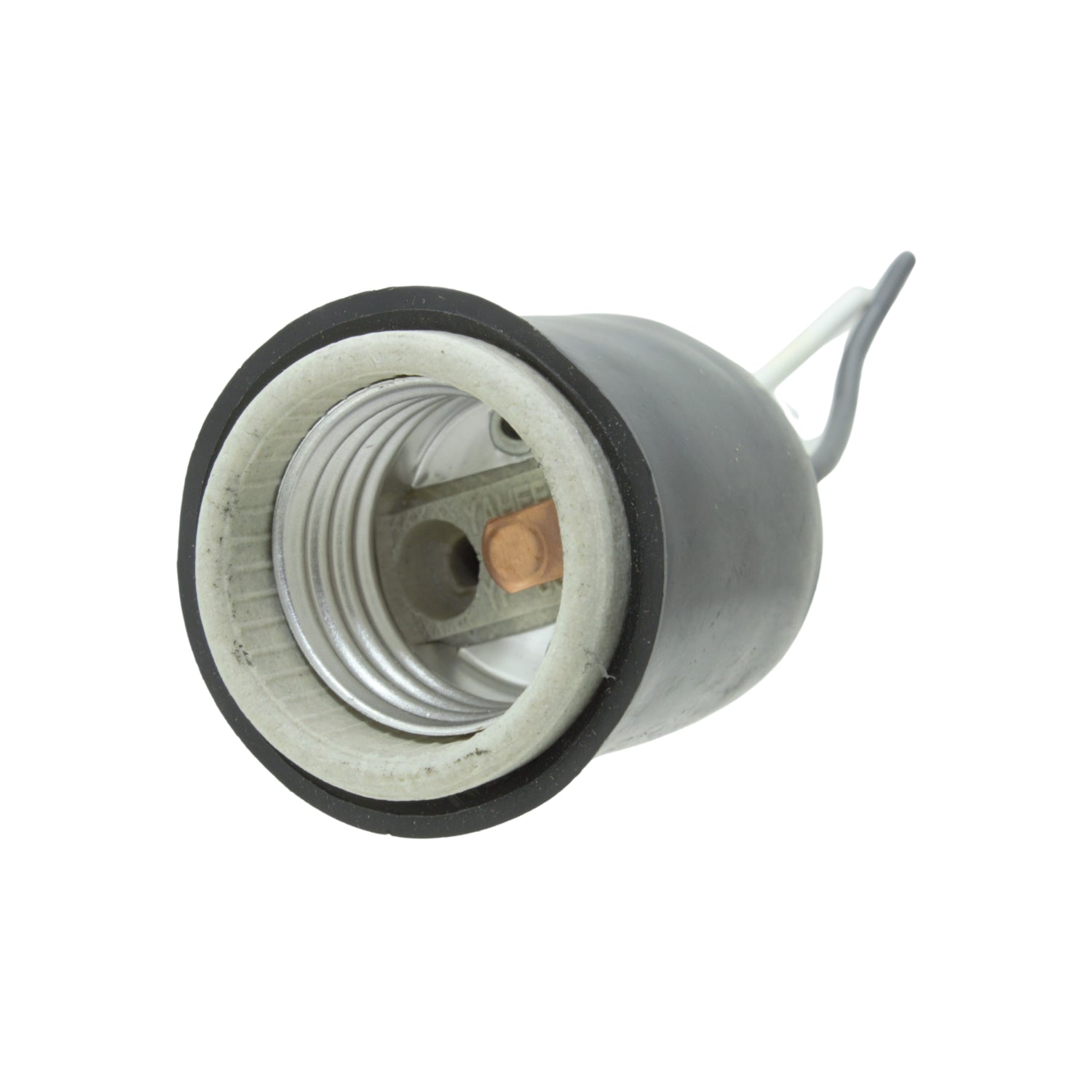 Socket para intemperie negro con casquillo E27 roscado y cables para conexión de foco