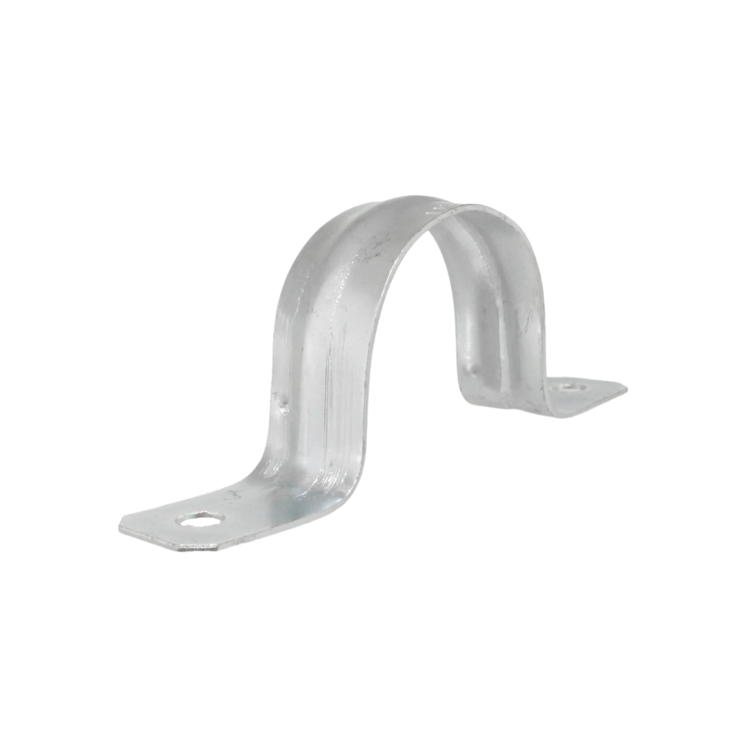 Abrazadera omega metálica para sujeción de tuberías o conduit, acabado galvanizado, con orificios de montaje