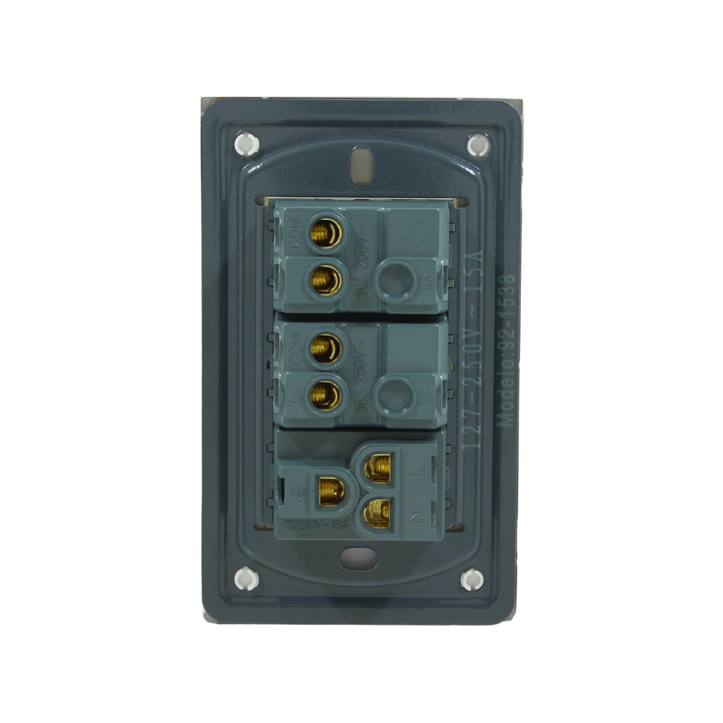 Placa eléctrica gris posterior para 2 interruptores 10A y 1 tomacorriente 15A con conexiones. Modelo 92-1538.