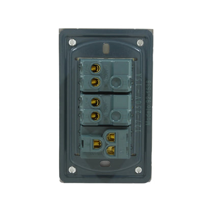 Placa eléctrica gris posterior para 2 interruptores 10A y 1 tomacorriente 15A con conexiones. Modelo 92-1538.