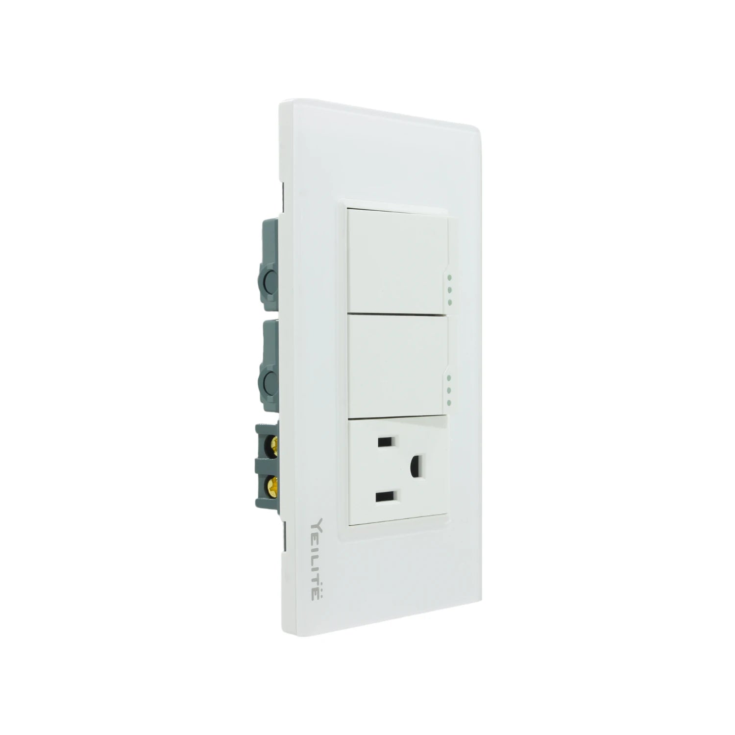 Placa blanca Yeilite con 2 apagadores de luz y 1 contacto eléctrico de pared.