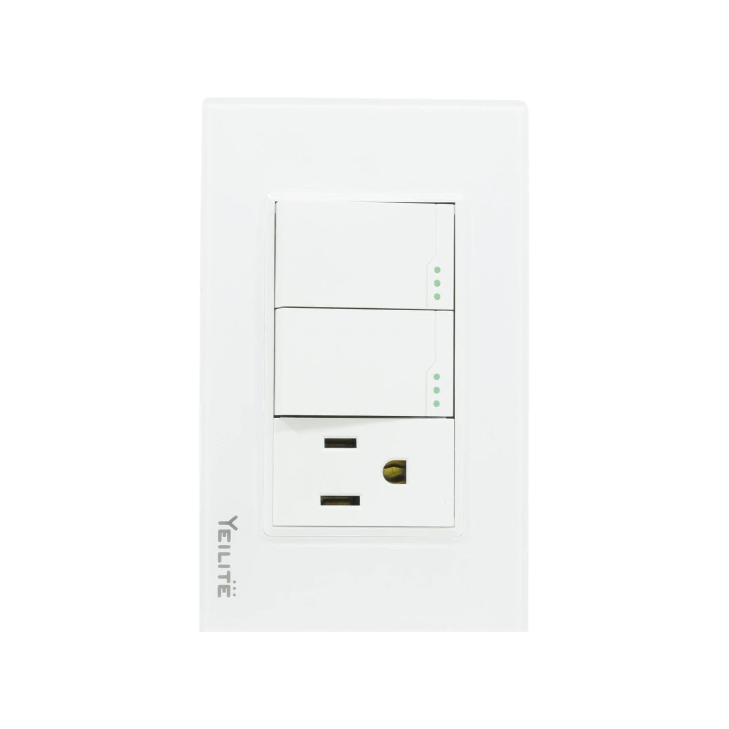 Placa de pared blanca Yeilite con dos apagadores de luz y un contacto eléctrico de 3 orificios.