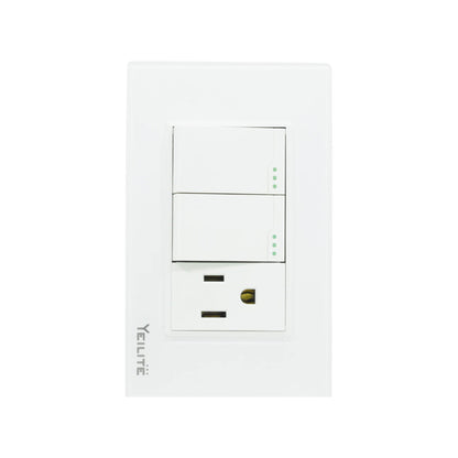 Placa de pared blanca Yeilite con dos apagadores de luz y un contacto eléctrico de 3 orificios.