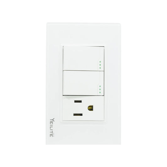 Placa de pared blanca Yeilite con dos apagadores de luz y un contacto eléctrico de 3 orificios.