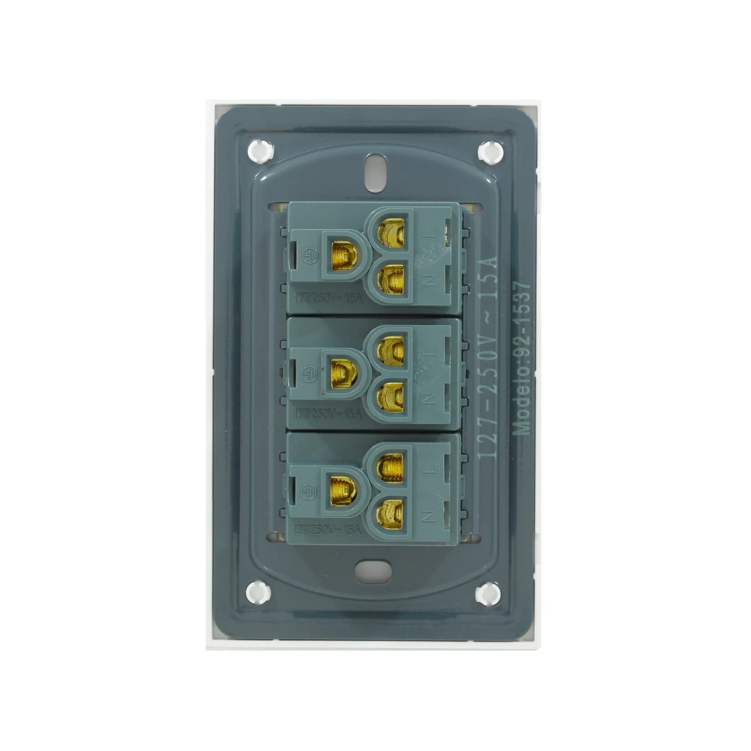 Placa eléctrica triple de pared, 3 tomacorrientes 15A 127V-250V gris/blanco, modelo 92-1537