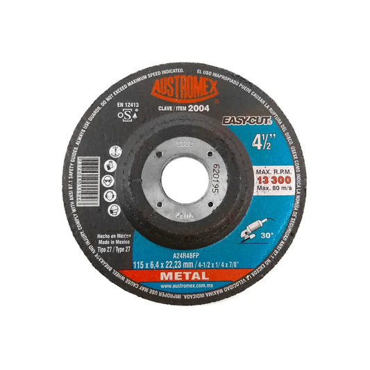 Disco de desbaste Austromex 4-1/2 pulgadas para metal, tipo 27, espesor 1/4 pulgada, para esmeriladora angular, 13300 RPM.
