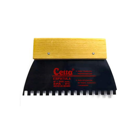 Espátula dentada Celta 8 pulgadas 200 mm con mango de madera para aplicación de yeso y adhesivos en acabados profesionales