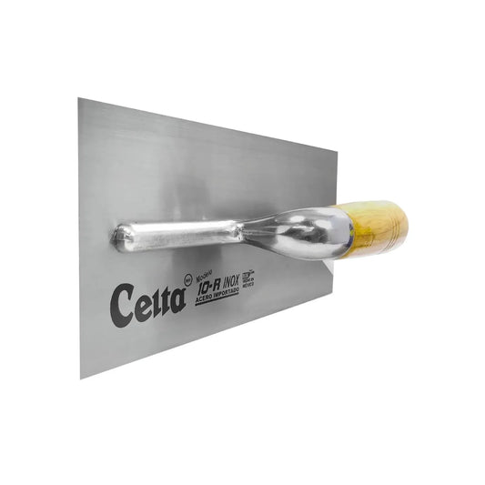 Llana lisa Celta 10-R de acero inoxidable con mango de madera para acabados profesionales en albañilería