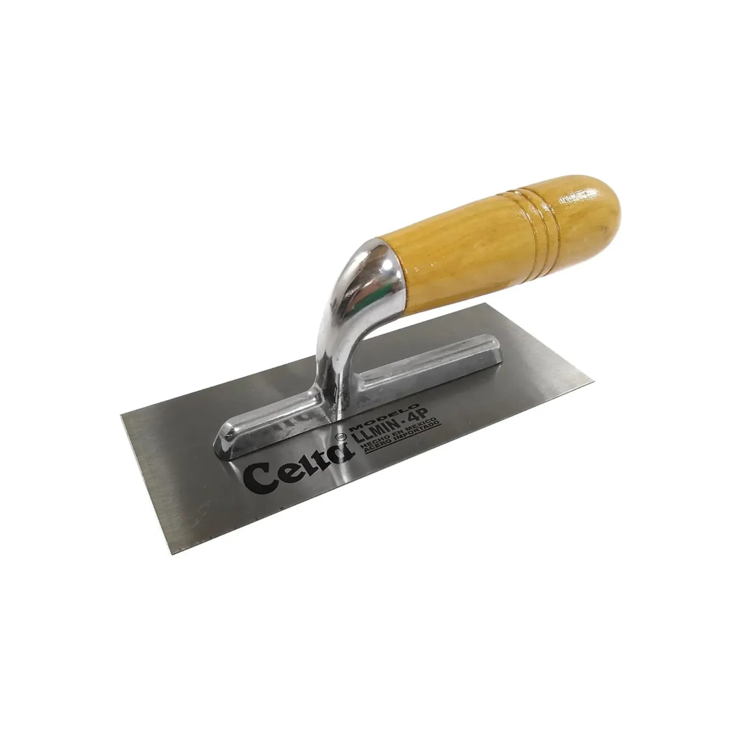 Llana rectangular Celta modelo LLMIN-4P con hoja de acero y mango de madera pulida para acabados en construcción