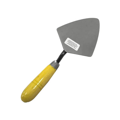 Espátula de albañil tipo triangular con hoja de acero y mango de madera color amarillo para trabajos de construcción