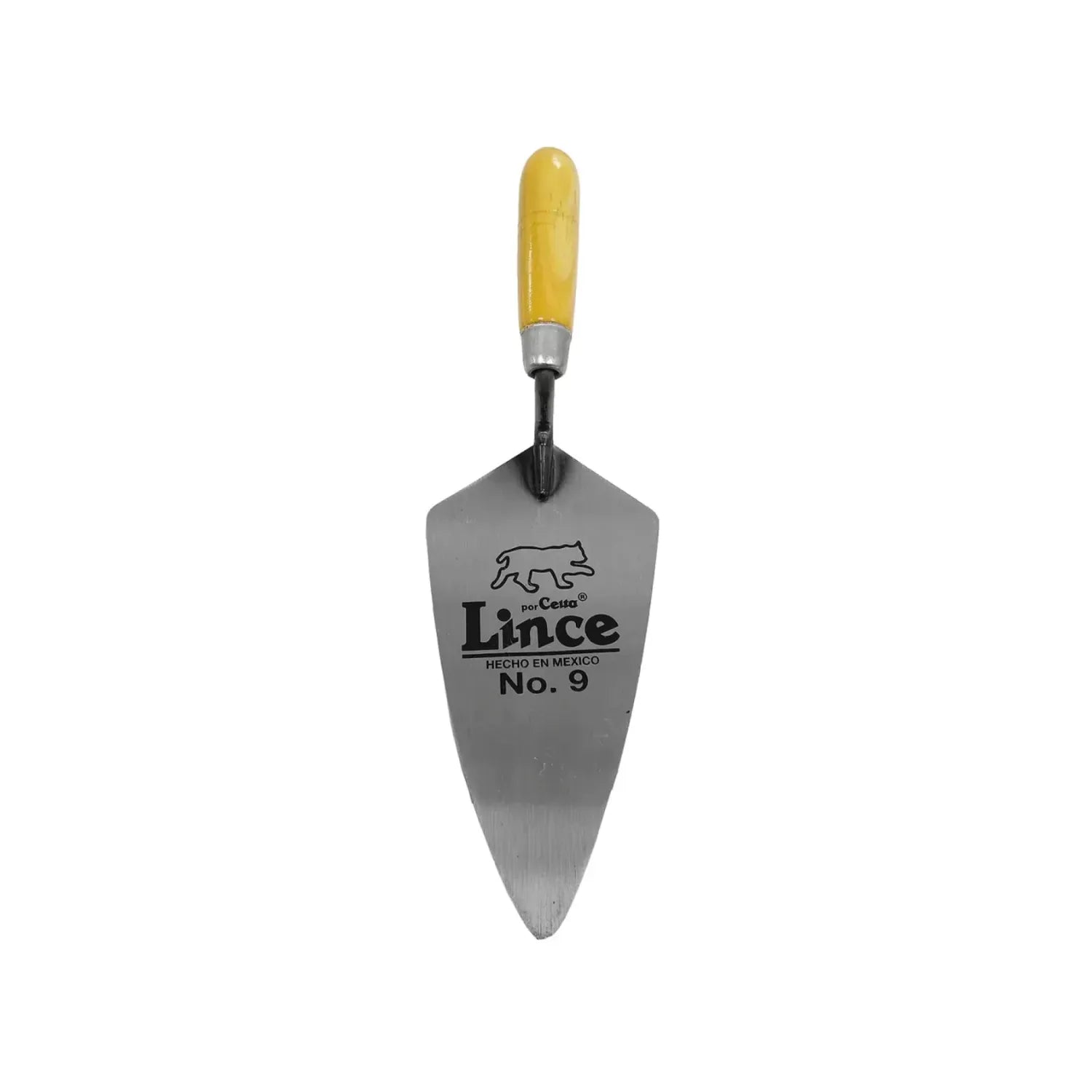Cuchara de albañil Lince No. 9 con hoja de acero y mango de madera color amarillo para aplicaciones de mezcla y cemento
