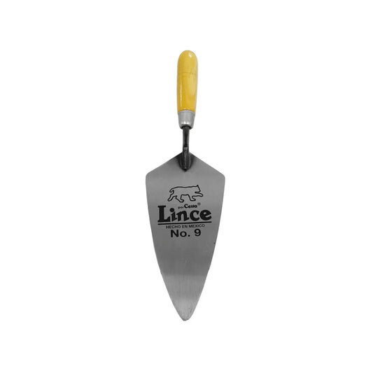 Cuchara de albañil Lince No. 9 con hoja de acero y mango de madera color amarillo para aplicaciones de mezcla y cemento