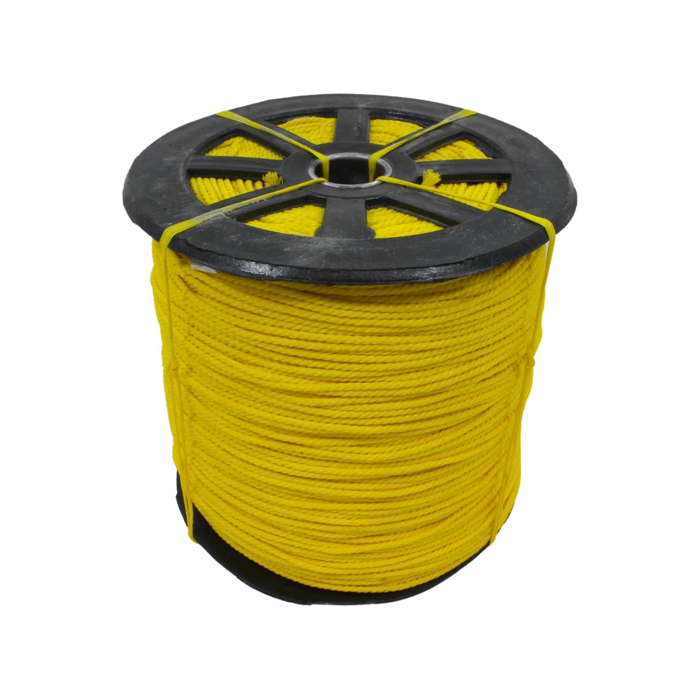 Rollo de cuerda de polipropileno amarilla 3/16" en carrete negro para construcción y ferretería