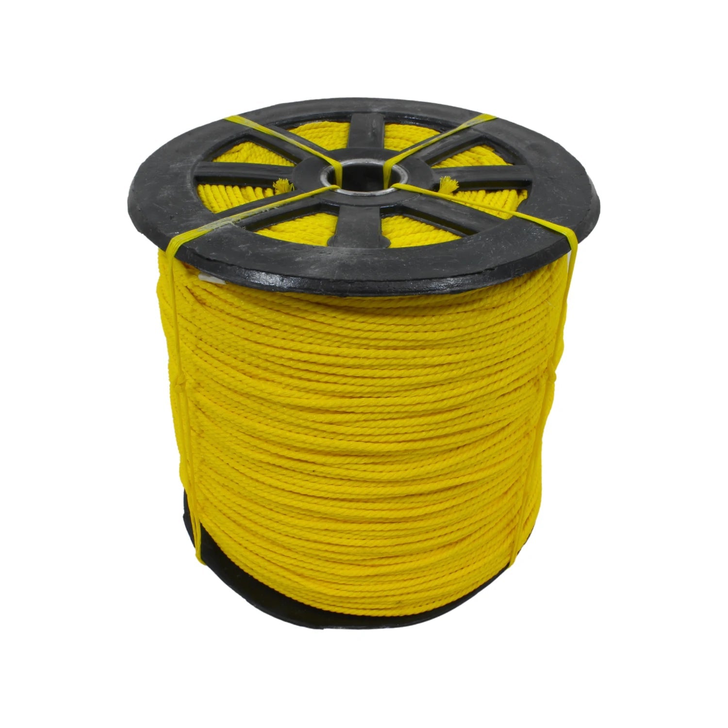 Rollo de cuerda de polipropileno amarilla 3/16" en carrete negro para construcción y ferretería