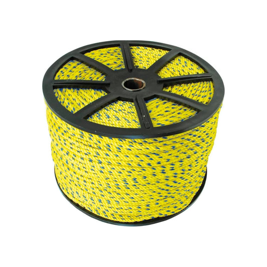 Cuerda de polipropileno 5/16" amarilla y azul en carrete, ideal para ferretería y usos generales