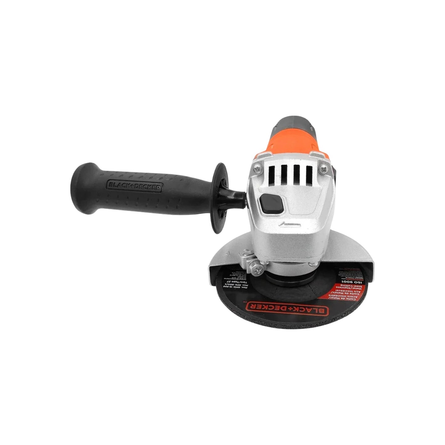 Esmeriladora angular BLACK+DECKER 4 1/2 pulgadas naranja y plata con mango lateral y disco de corte para metal