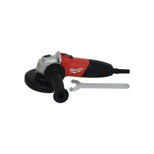 Esmeriladora angular Milwaukee 4 1/2 pulgadas roja y negra, con mango lateral y llave de ajuste