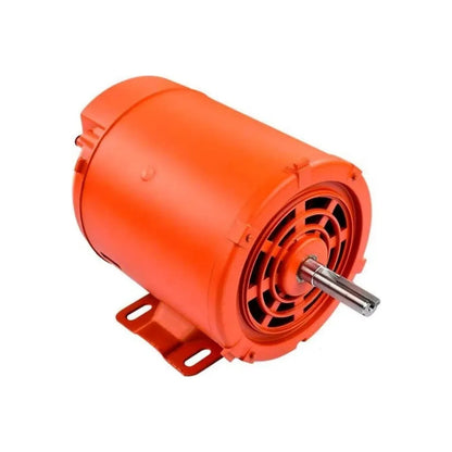 Motor eléctrico industrial color naranja con base de montaje, eje de salida y ventilación