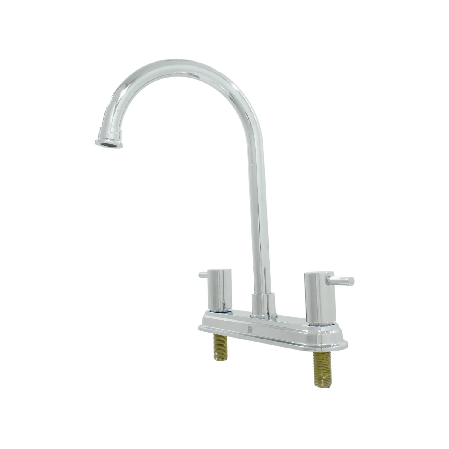 Mezcladora para fregadero cromada con cuello de ganso, dos manerales de palanca, instalación de dos orificios