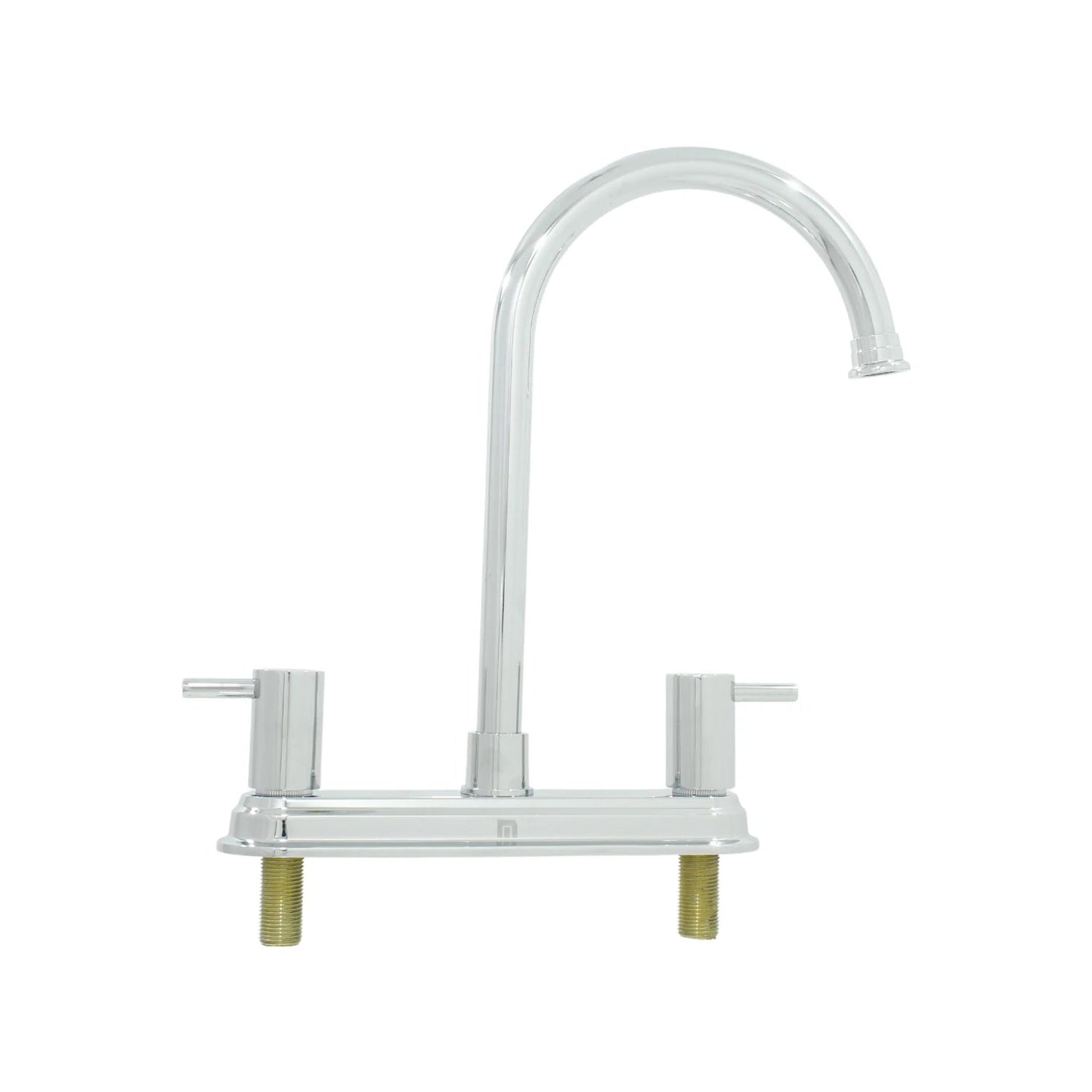 Mezcladora cromada para fregadero de cocina, doble manija, caño alto tipo cuello de ganso.