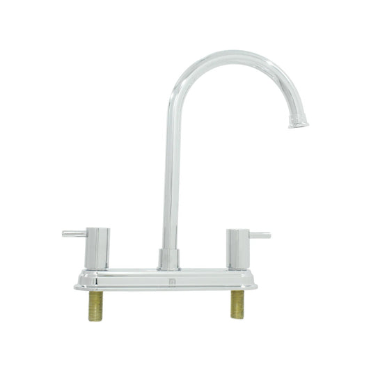 Mezcladora cromada para fregadero de cocina, doble manija, caño alto tipo cuello de ganso.