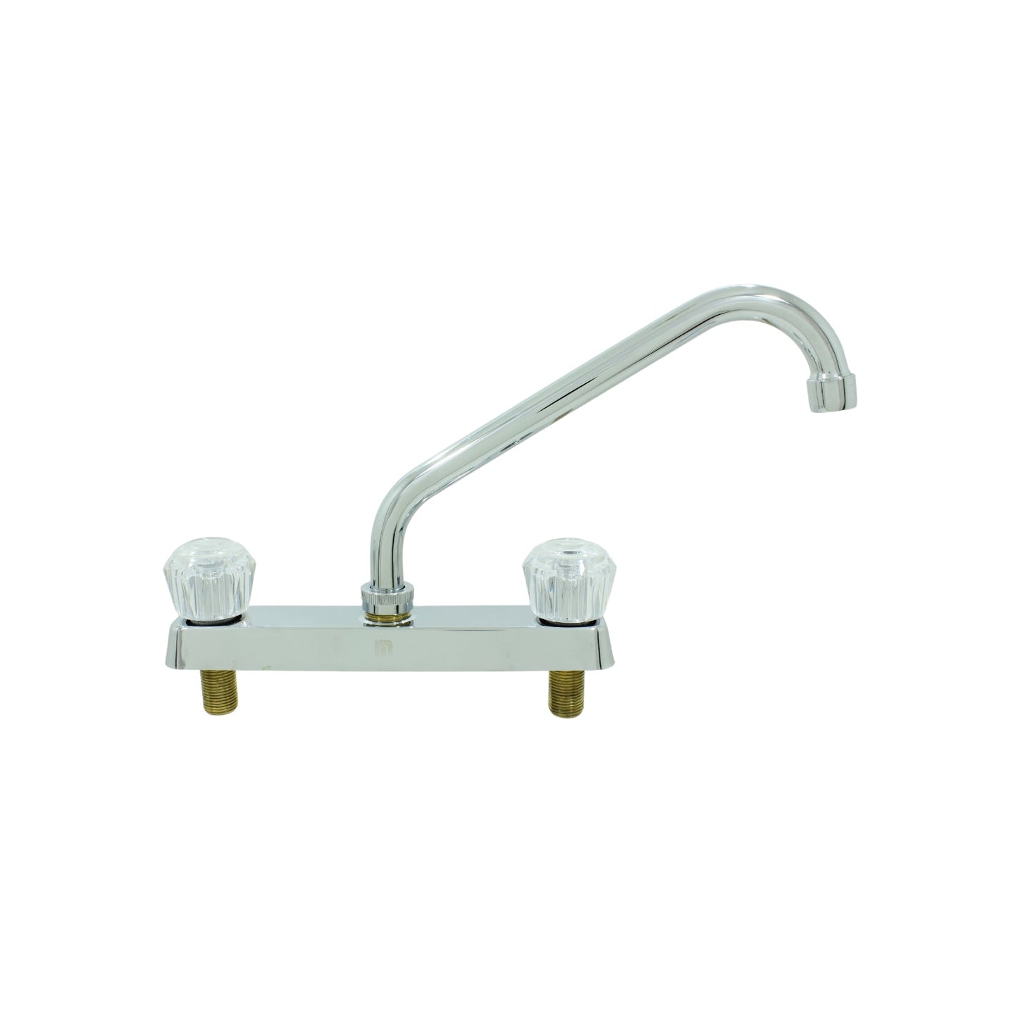 Mezcladora de fregadero doble maneral cromada, cuello de ganso, perillas acrílicas transparentes para cocina