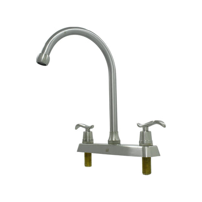 Mezcladora para fregadero de cocina, doble manija, cuello de ganso, acero cepillado.