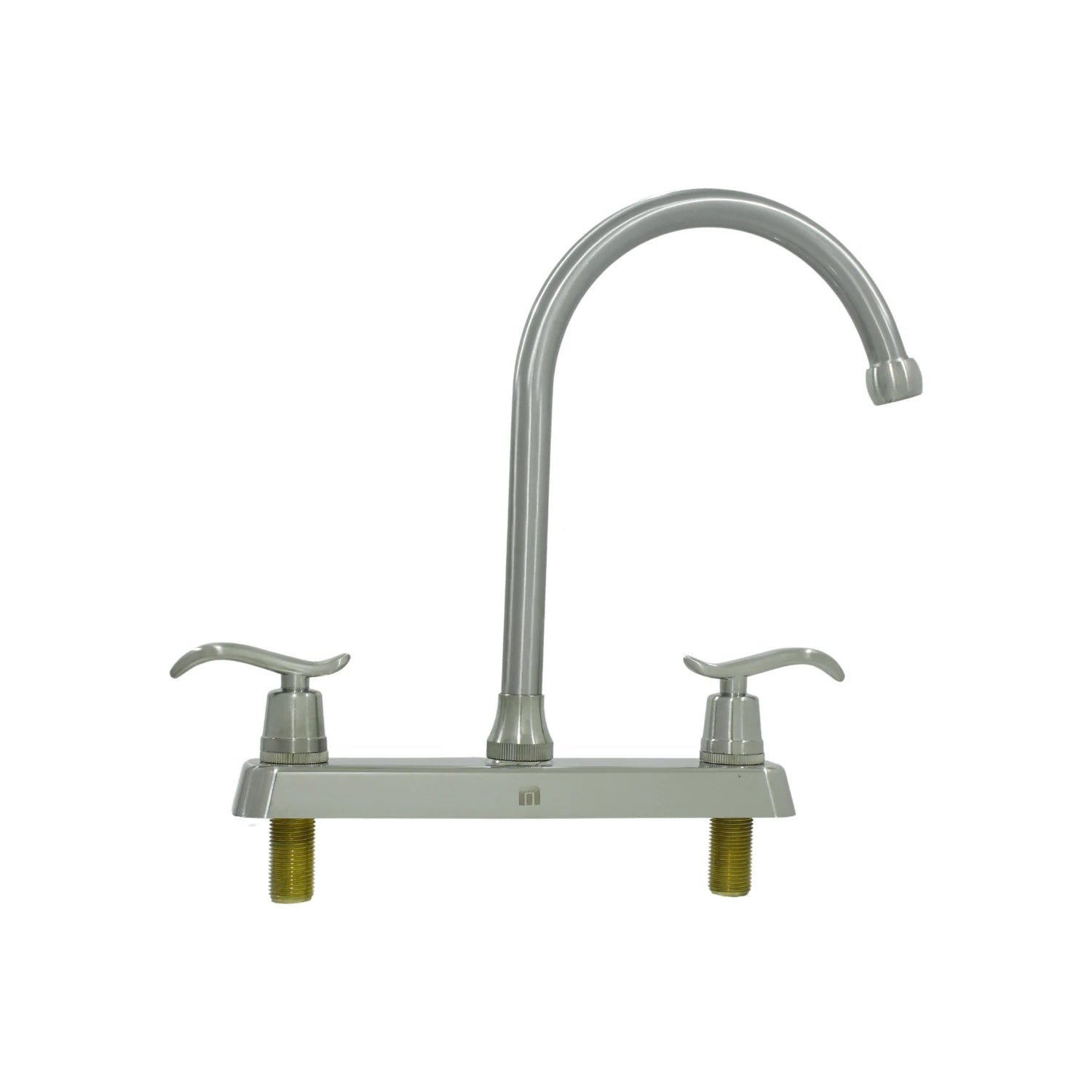 Mezcladora para fregadero de cocina con doble manija tipo palanca y cuello de ganso, acabado cromado.