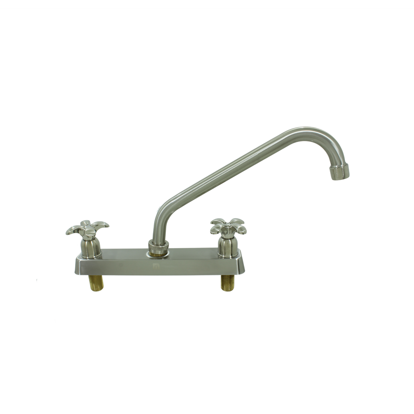 Mezcladora de fregadero de cocina doble manija tipo cruz, cuello de ganso acabado acero inoxidable.