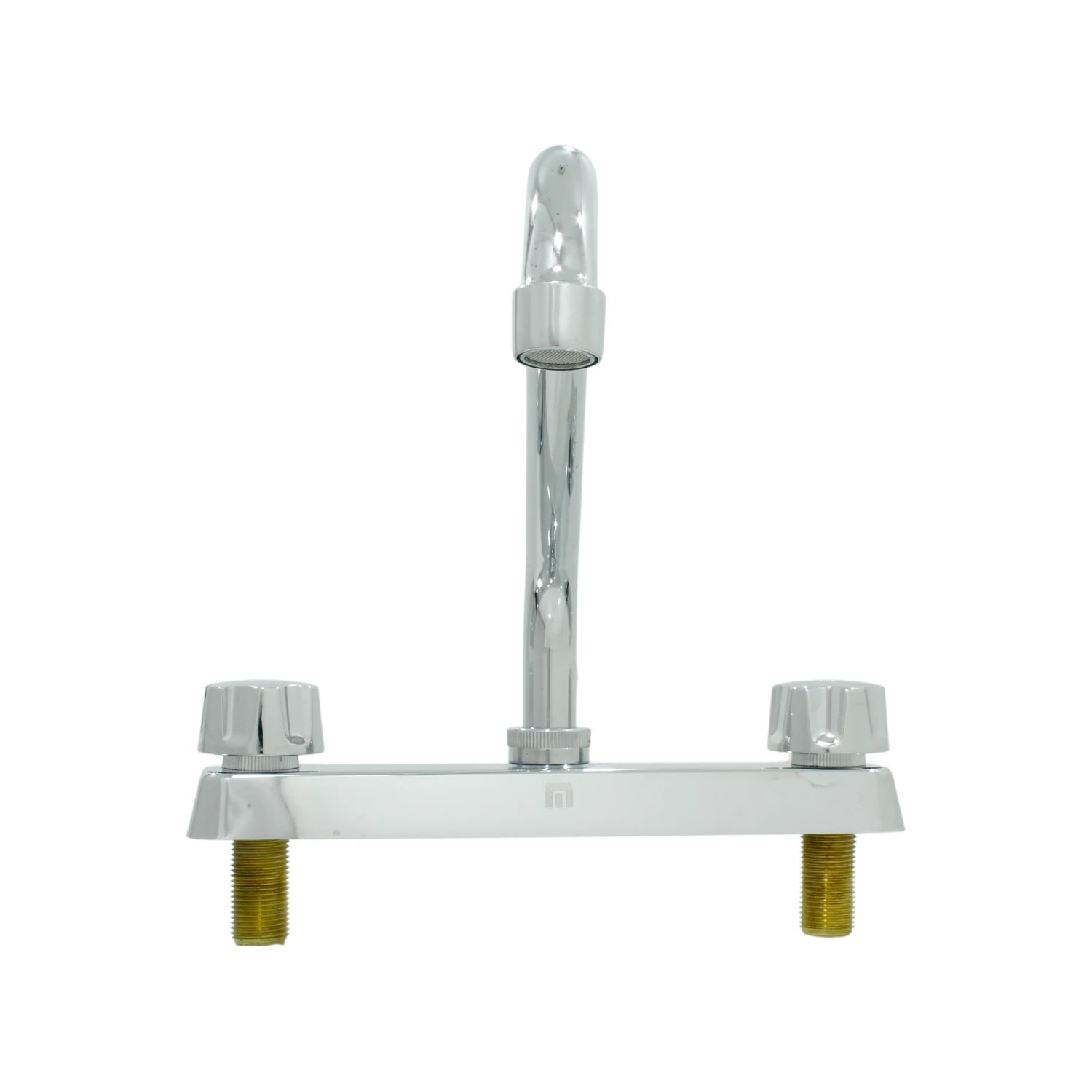 Mezcladora de fregadero para cocina con doble maneral, acabado cromado brillante, cuello alto y dos llaves.