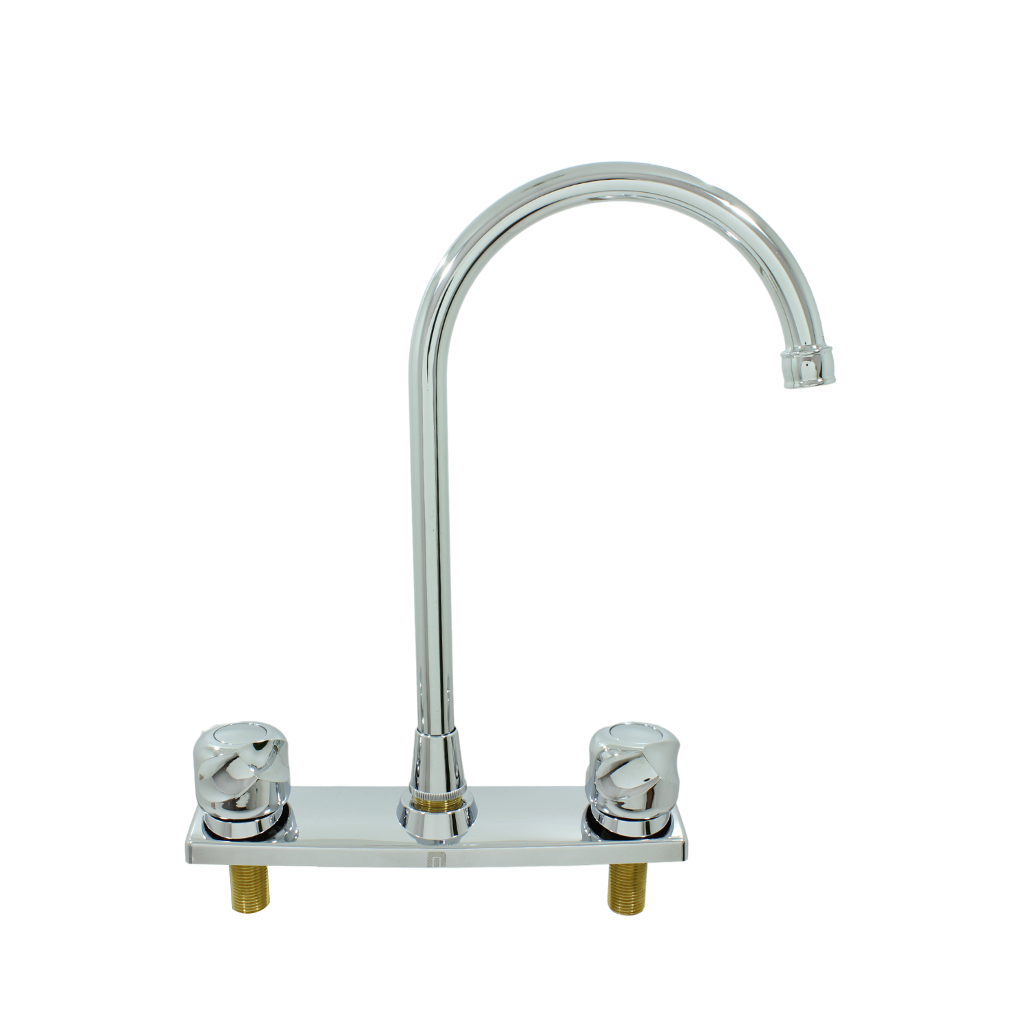 Mezcladora de fregadero cromada con doble maneral, cuello de ganso alto y base para instalación en cubierta.