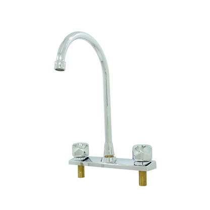 Mezcladora de cocina cromada para fregadero con caño alto curvo y dos manijas