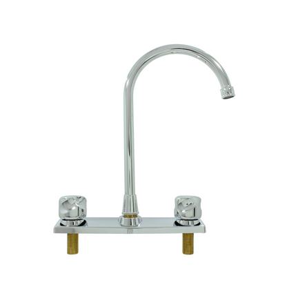 Mezcladora para fregadero cromada, cuello alto con dos manijas, instalación sobre cubierta.