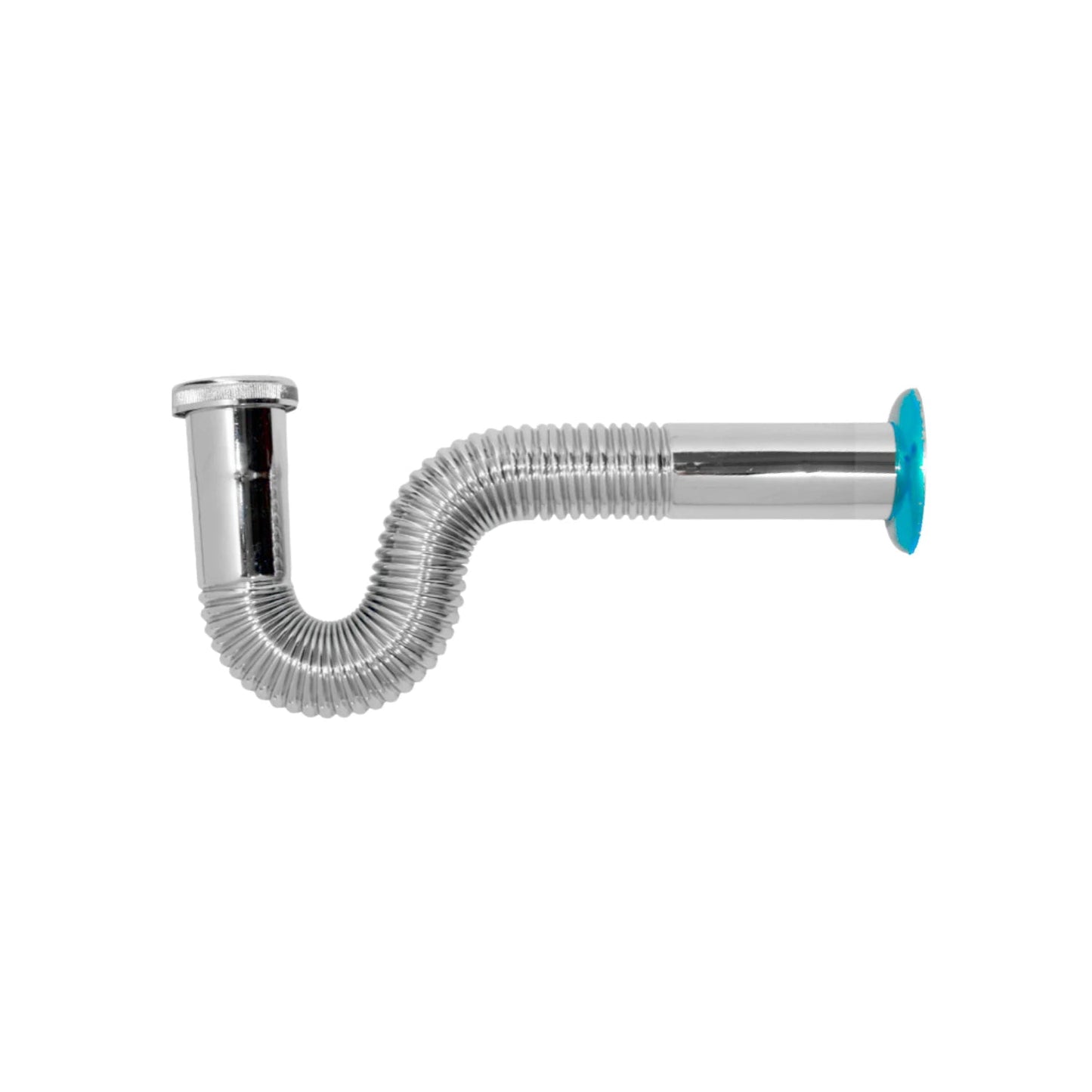 Cespol flexible cromado para fregadero, sifón en P metálico brillante de drenaje con conexión azul.