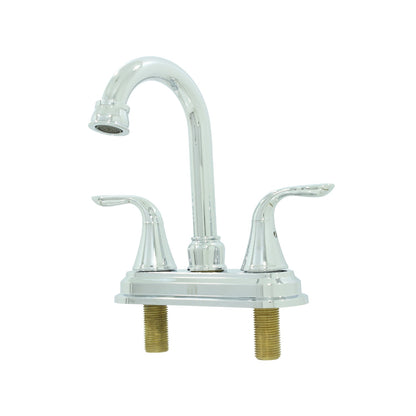 Mezcladora de lavabo cromada con doble control y caño alto curvo, lista para instalar en baños.