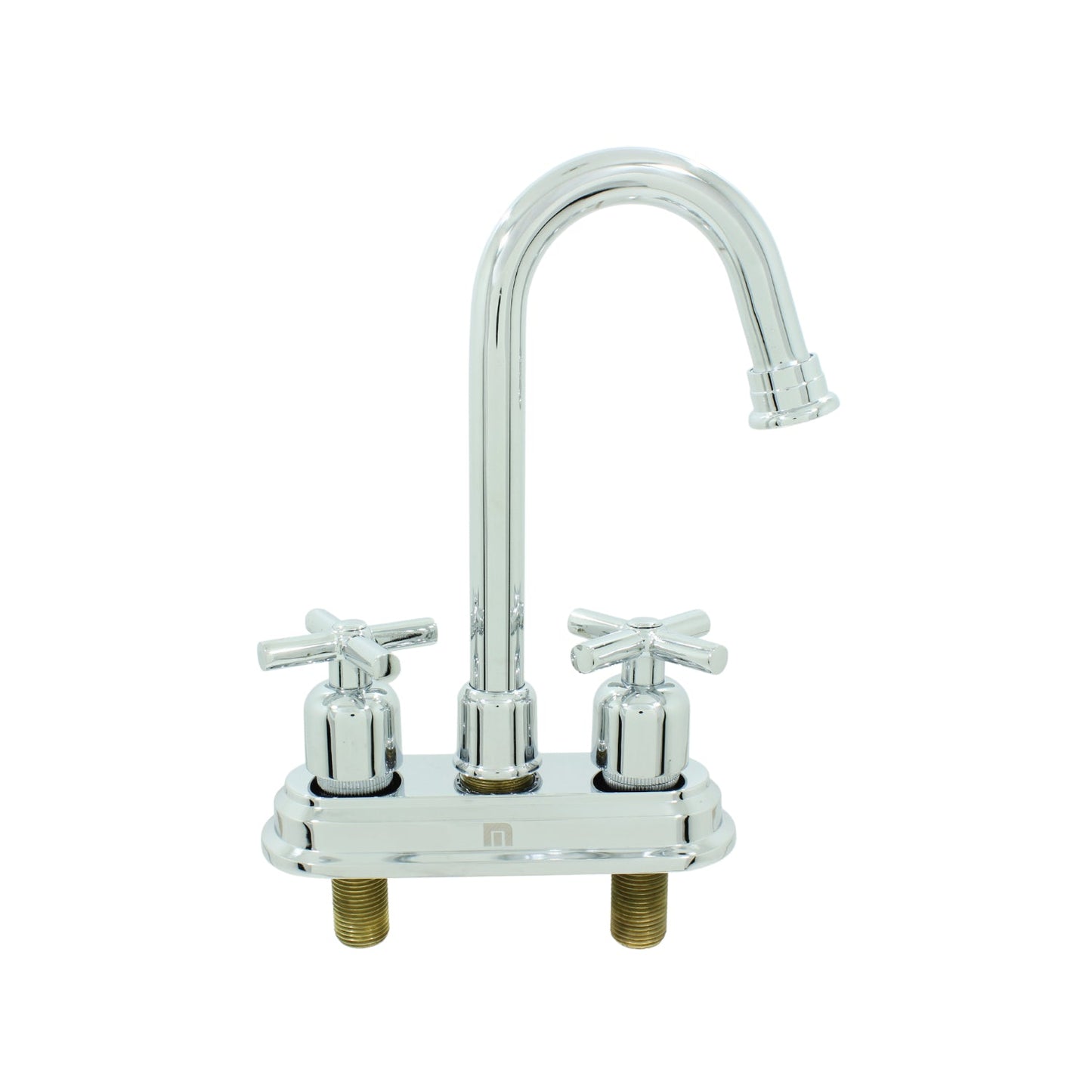 Mezcladora para lavabo cromada con manerales de cruz y grifo curvo de instalación a cubierta