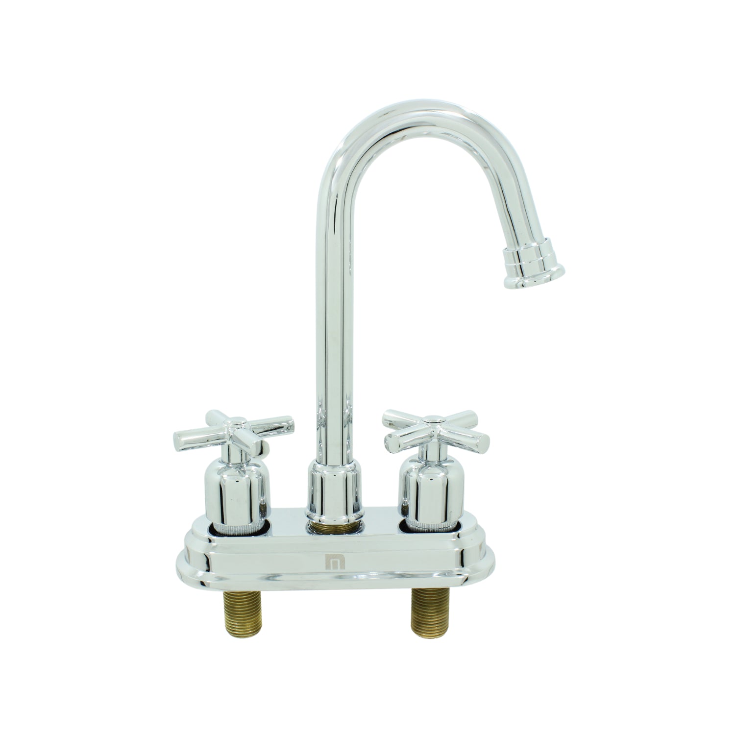 Mezcladora para lavabo cromada con manerales de cruz y grifo curvo de instalación a cubierta