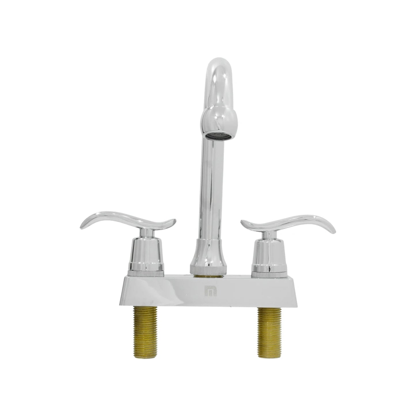 Mezcladora de lavabo cromada, dos manijas de palanca curvadas, grifo con pico curvo, base rectangular, conexiones de latón.