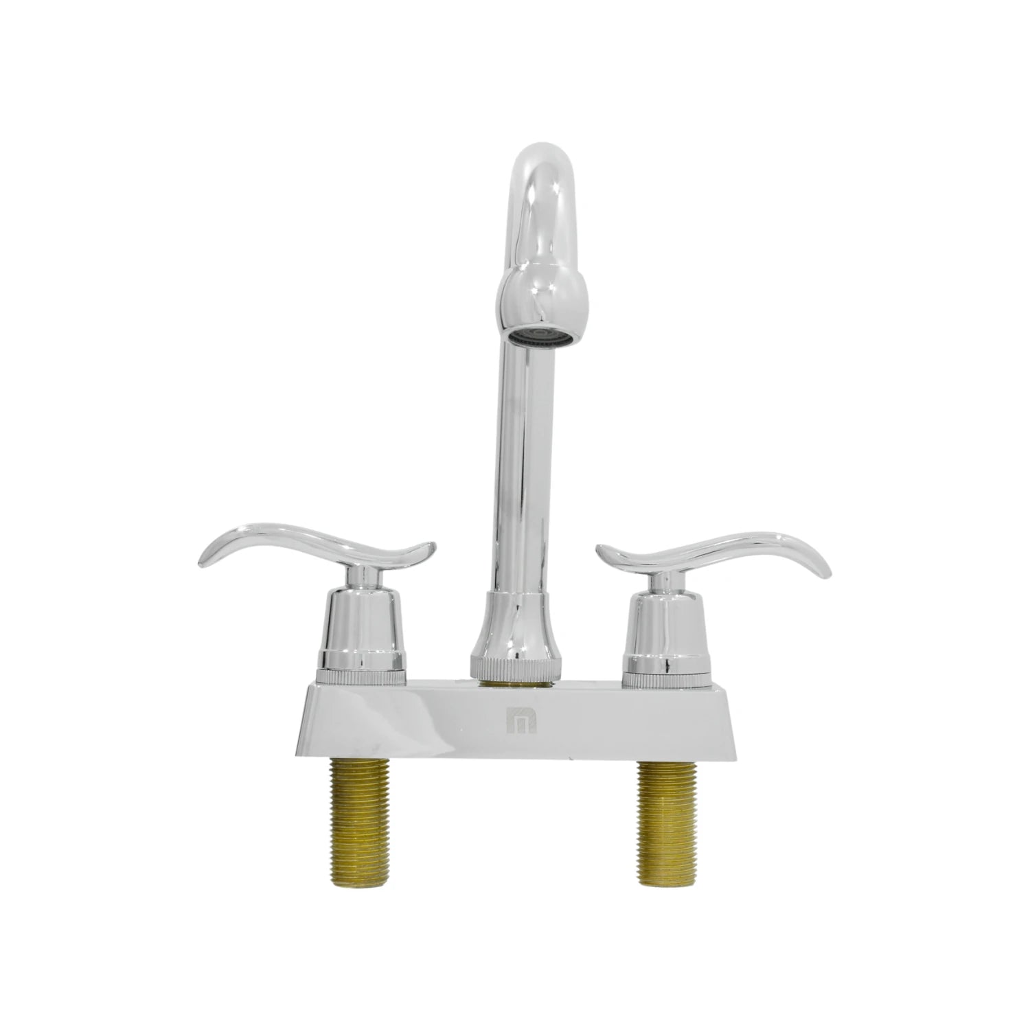 Mezcladora de lavabo cromada, dos manijas de palanca curvadas, grifo con pico curvo, base rectangular, conexiones de latón.
