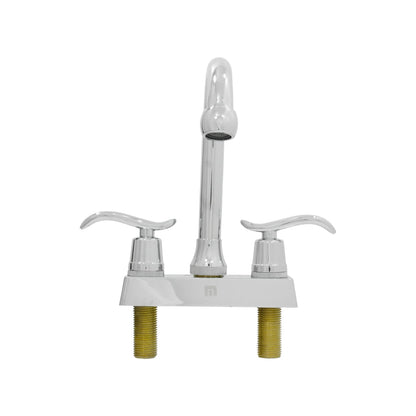 Mezcladora de lavabo cromada, dos manijas de palanca curvadas, grifo con pico curvo, base rectangular, conexiones de latón.